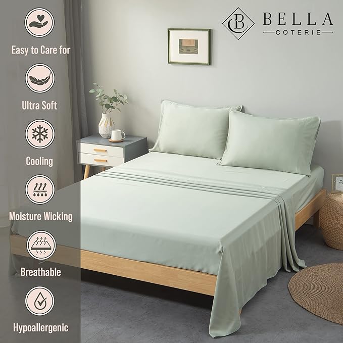 Bella Coterie Luxury Bamboo Viscose Full Size Sheet Set | 100% Organically Grown | Ultra Soft | Cooling for Hot Sleepers | 18" Deep Pocket [Sea Glass]
