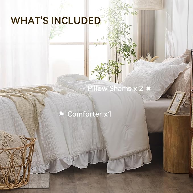 JOLLYVOGUE Queen Comforter Set, 3 Pieces White Seersucker Comforters Queen Size, Lightweight & Fluffy Bedding Sets Queen for All Season with 1 Ruffle Comforter and 2 Ruffle Pillowshams