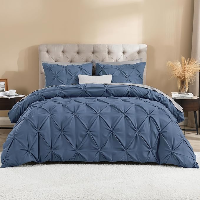 Litanika Ocean Blue King Pinch Pleat Duvet Cover, 3 Pieces Pintuck Cover Soft Microfiber Bedding Set with Zipper Closure & Corner Ties(104x90Inch-1 Duvet Cover, 2 Pillowcases)