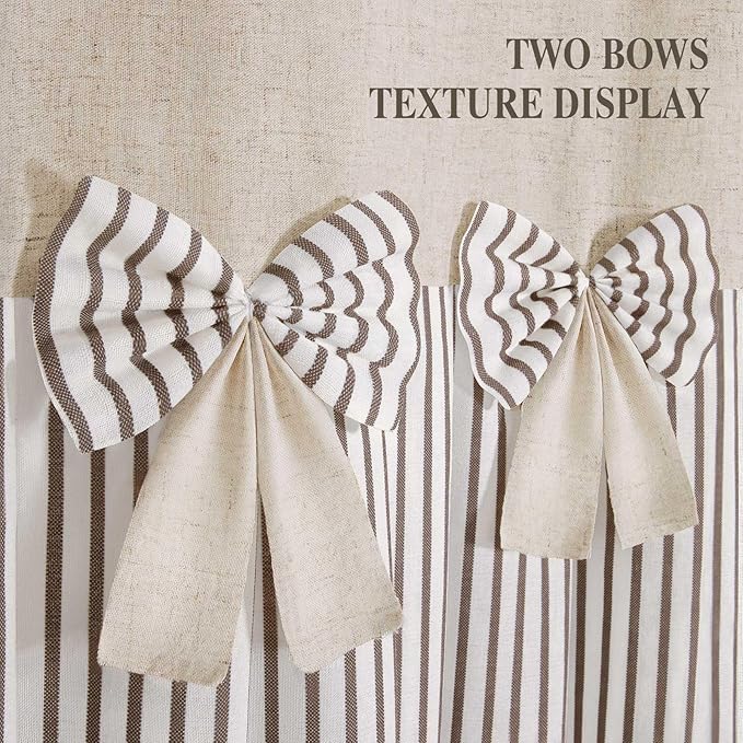 Farmhouse Shower Curtain Linen Beige Bow Woven Fabric Country Rustic Western, Pleated Brown Stripe 72" W x 78" L