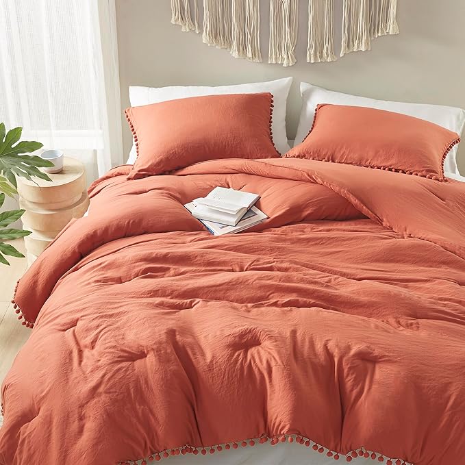 Codi Terracotta King Comforter Set - Boho Chic Bedding with Elegant Pom Fringe, Soft Washed Microfiber 3pc Luxury Set, Lightweight & Breathable for Master Bedroom, 1 Comforter & 2 Pillow Shams