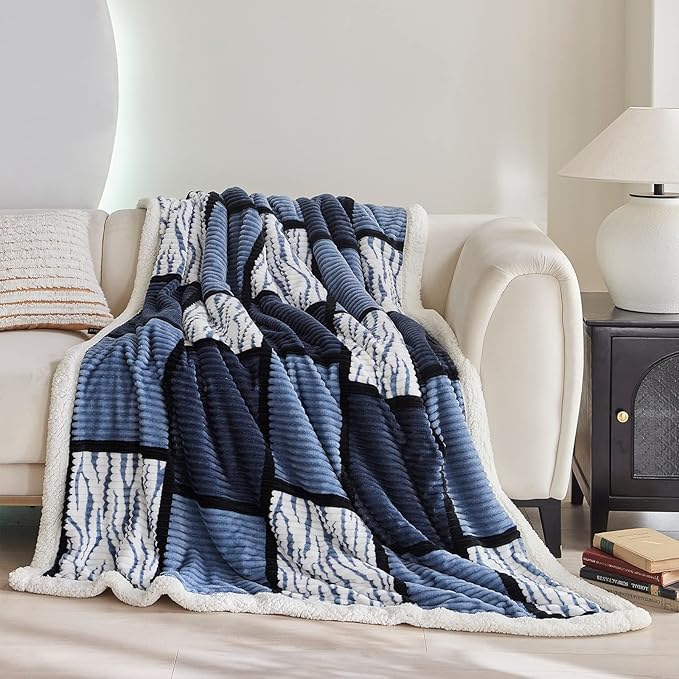 Blanket for Women, Sherpa Throw Blanket for Couch, Flannel Cozy Soft Checkered Blanket for Bed - Fleece, Black-White, 60x80 Inches