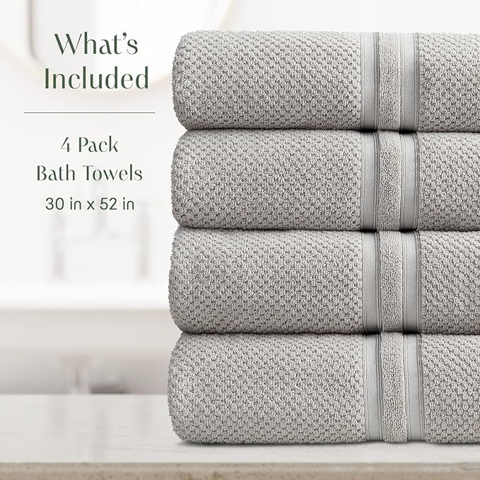 Springtree Home Grey Bath Towels Set of 4 | Popcorn Textured | 100% Combed Cotton | Absorbent Quick-Dry Gray Towels for Bathroom | Oeko-TEX® Standard 100 Cotton | Poli Collection - High Rise Grey