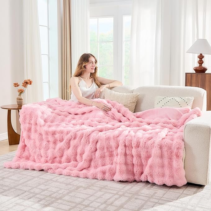 Pink Faux Fur Throw Blanket Soft Plush Fluffy Bubble Texture Cozy Blanket for Couch Bed Sofa Warm Thick Luxury Home Decor Gift for Women Mom Girlfriend (King Size 108''x90'', Pink)