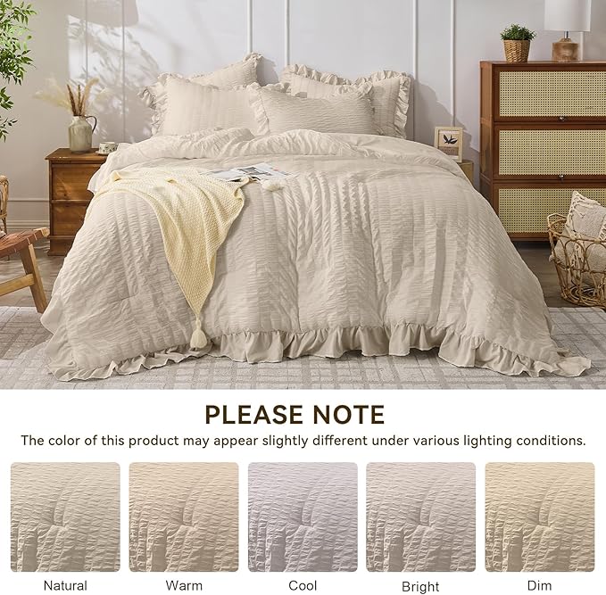 JOLLYVOGUE Beige King Comforter Set, 3 Pieces Seersucker Comforters King Size, Lightweight & Fluffy Bedding Sets for All Season with 1 Ruffle Comforter and 2 Ruffle Pillowshams