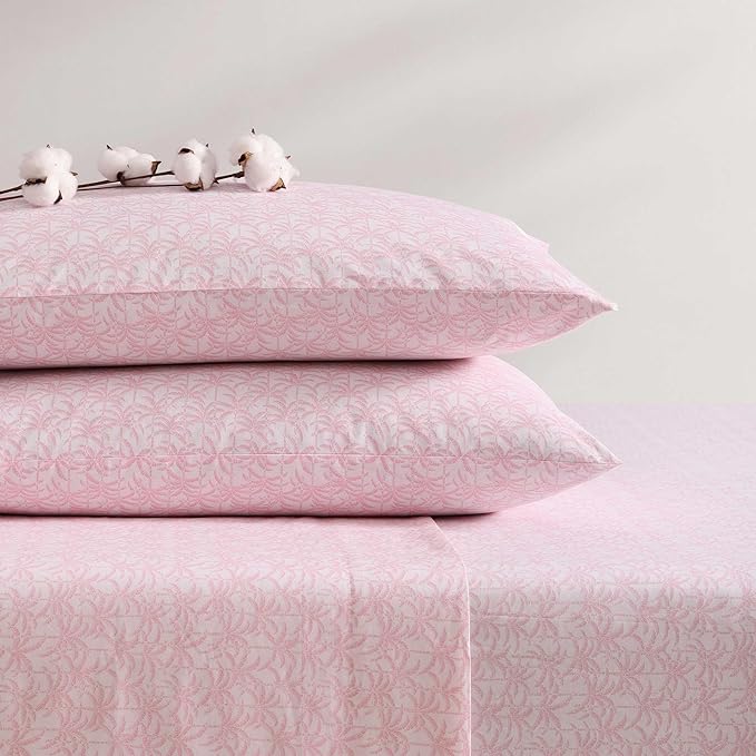 Tommy Bahama - Queen Sheets, Organic Cotton Coastal Bedding Set, Softens with Each Wash, 200 Thread Count (Lovely Palms Pink, Queen)