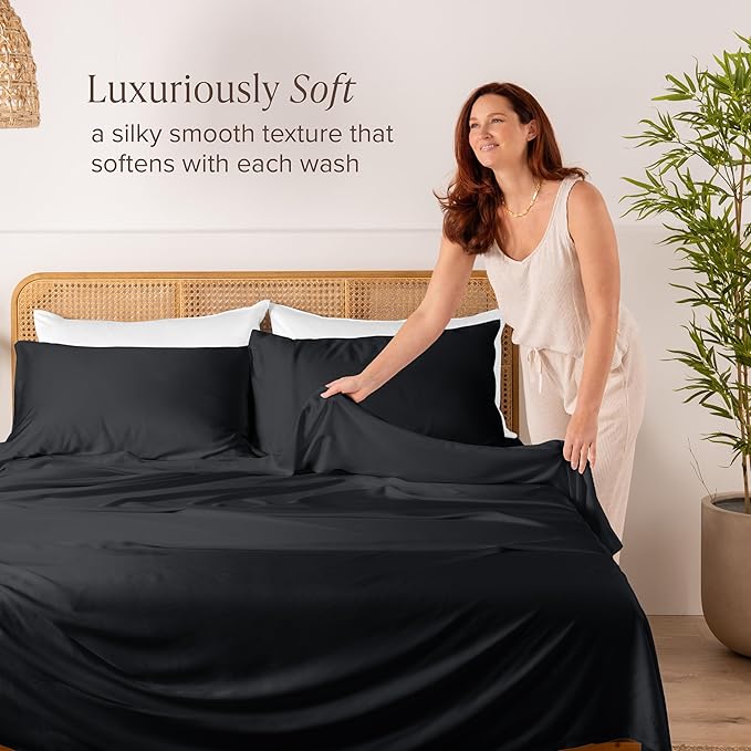 Bare Home 100% Rayon Made from Bamboo Luxury Full Sheet Set - 4 Piece Bedding Set - Deep Pockets - Cooling Sheets - Breathable - Easy Fit - Soft Bedding Sheets & Pillowcases (Full, Black)