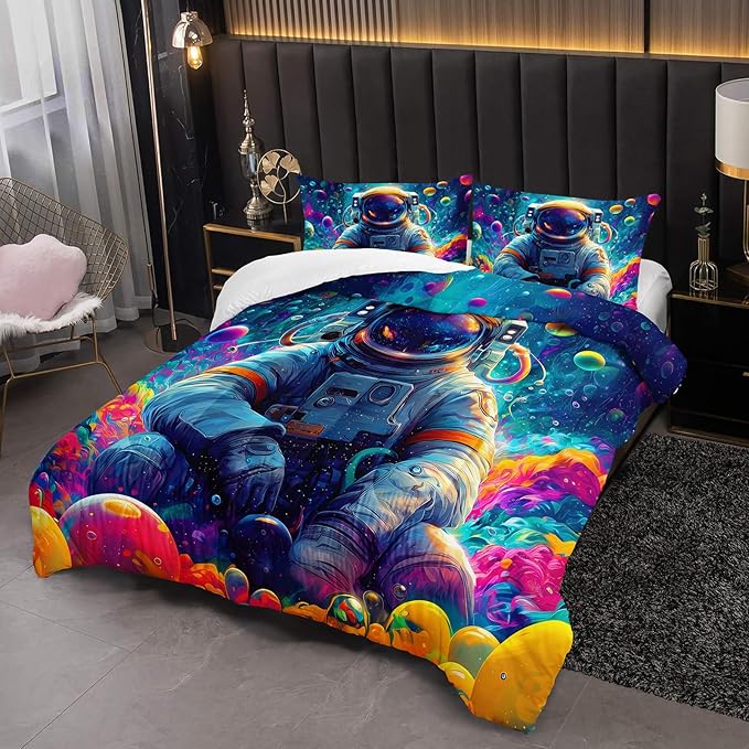 Kids Full Size Comforter Sets Space Astronauts，Full Size Astronaut Bedding Set，with 1 Comforter with 2 Pillow Case，Astronaut Bedroom Decor for Boys