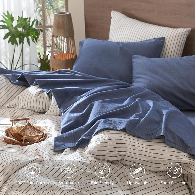 MooMee Bedding Sheet Set 100% Washed Cotton Linen Like Textured Breathable Durable Soft Comfy (Heathered Blue, King)