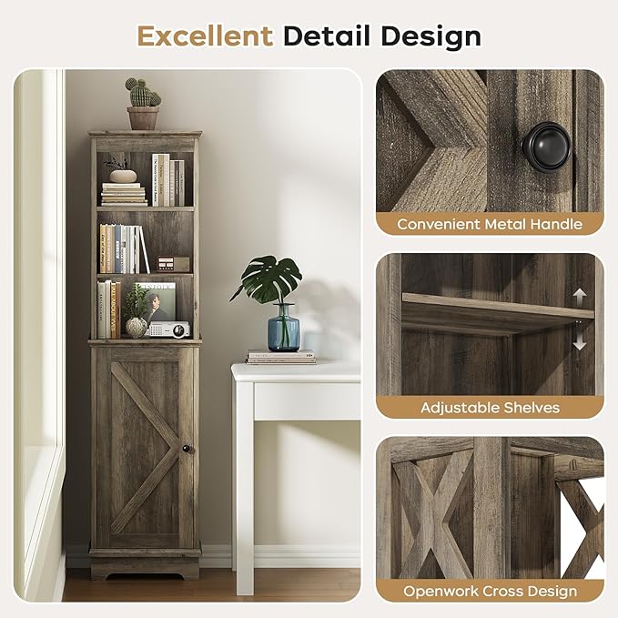 Tall Bathroom Storage Cabinet with Door and Open Adjustable Shelves, 60.9" H Wooden Tower Corner Narrow Farmhouse Cabinet, Freestanding Organizer for Kitchen, Entryway Grey