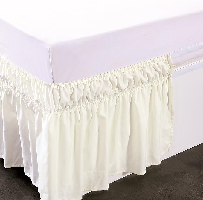 MEILA Wrap Around Bed Skirt Three Fabric Sides Elastic Dust Ruffled 24 Inch Tailored Drop,Easy to Install Fade Resistant-Ivory, Twin/Full