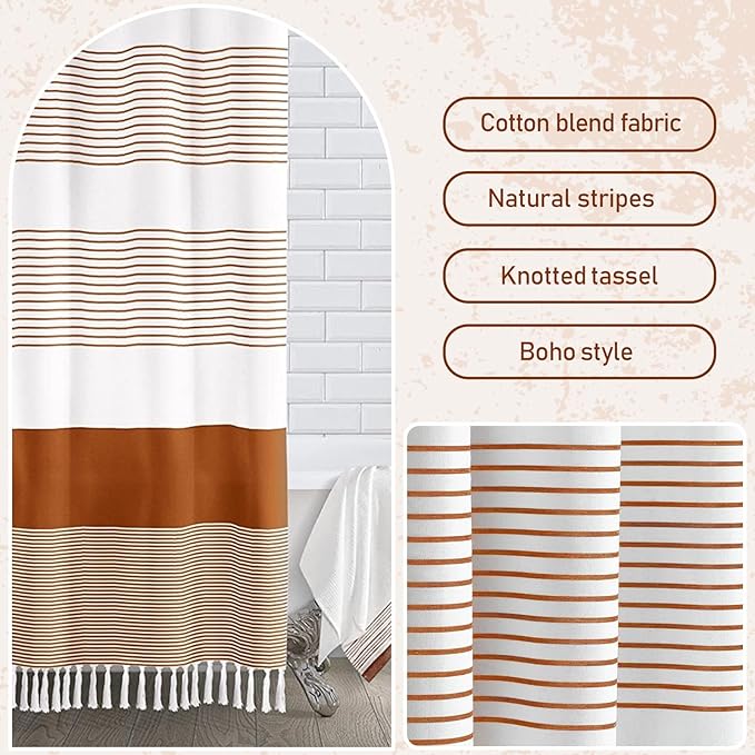 Awellife Boho Orange Shower Curtain for Bathroom Farmhouse Cotton Stripe Tassel Shower Curtain Natural Texture 72" L x 60" W