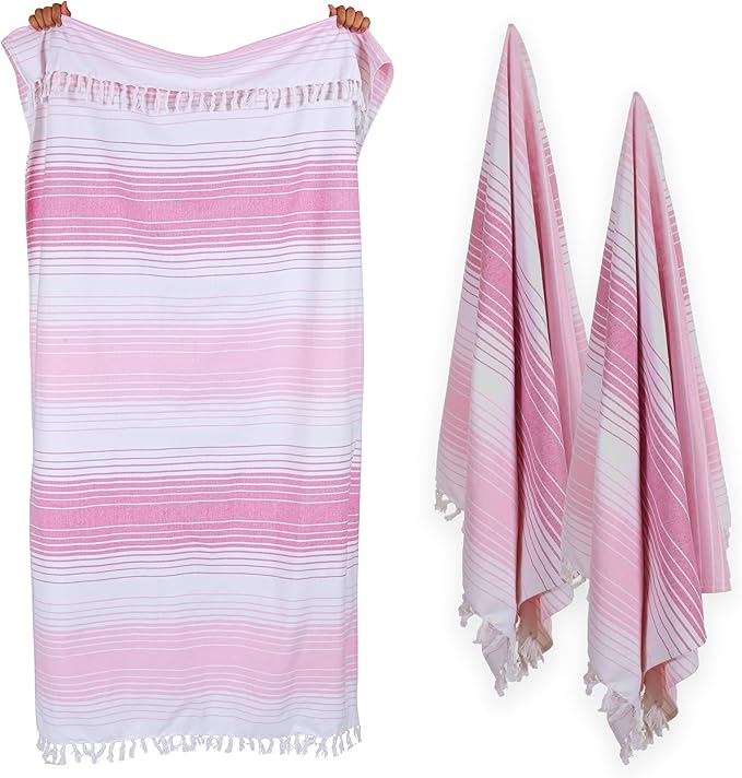 Native Fab 100% Cotton Peshtemal Turkish Bath and Beach Towels Set of 2, Large 40x71 Travel Sarong Gym Pool Spa Towels, Ultra Soft Quick Dry Absorbent Fouta Hammam Peshtemal Towels Pink