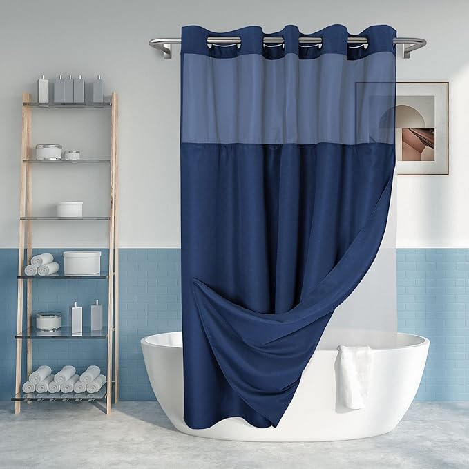 No Hook Slub Textured Shower Curtain with PEVA Liner Set - 71" x 74"(72"), Hotel Style with See Through Top Window, Machine Washable & Water Repellent Fabric, Navy Blue, 71x74