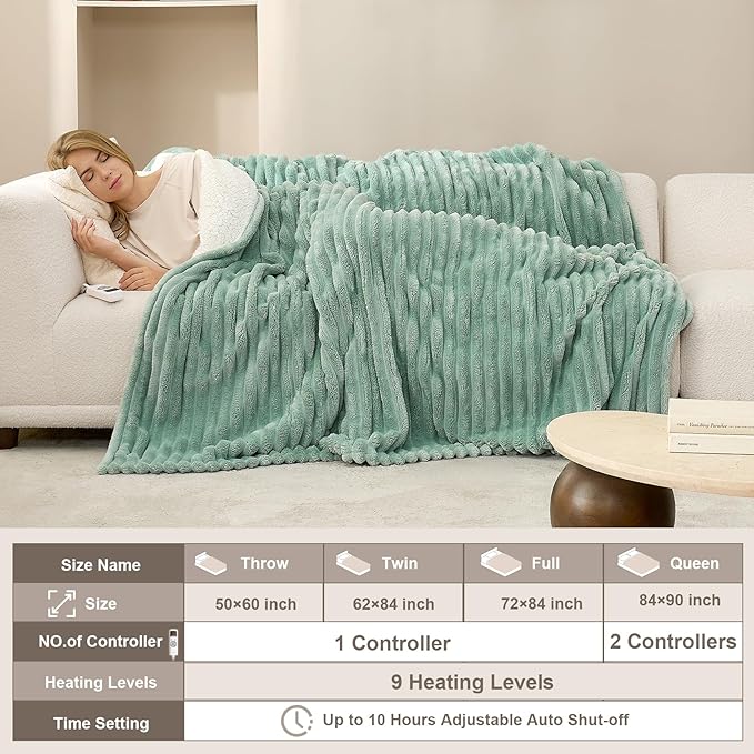 Hansleep Heated Blanket King Size Electric Throw Dual Control, Heating Blanket with 9 Heating Levels and 10-Hour Timer Auto Shut Off, Washable Soft Warm Winter Blanket, 90 x 100 Inches, Green