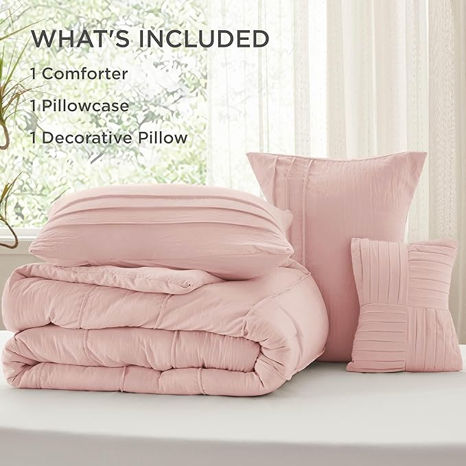 Bedsure Twin Comforter Set - 3 Pieces Pinch Pleat Bed Set, Light Pink Boho Bedding for All Season, 1 Soft Comforter, 1 Pillowcase, 1 Decorative Pillow