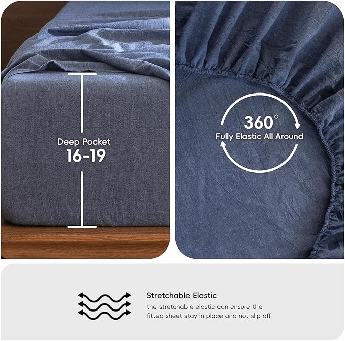 MooMee Bedding Sheet Set 100% Washed Cotton Linen Like Textured Breathable Durable Soft Comfy (Heathered Blue, King)