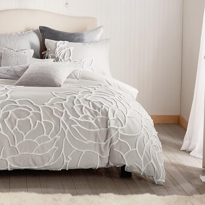 Peri Home 100% Cotton 3-Piece Duvet Cover & Sham Set, Full/Queen, Grey Chenille Rose