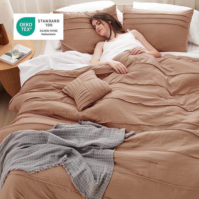 Bedsure California King Comforter Set - 4 Pieces Pinch Pleat Bed Set, Taupe Boho Bedding for All Season, 1 Soft Comforter, 2 Pillowcases, 1 Decorative Pillow