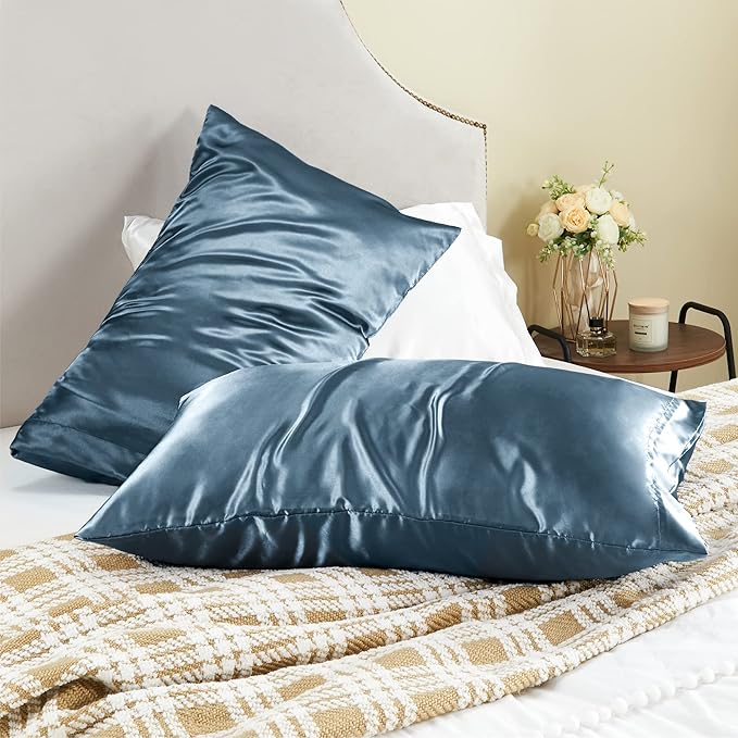 BEDELITE Satin Pillowcase for Hair and Skin, Super Soft and Cooling Similar to Silk Pillow Cases 2 Pack with Envelope Closure, Gift for Women Men(20"x36" King Size, Bluesteel)