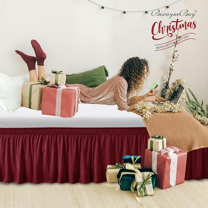 Biscaynebay Wrap Around Bed Skirts for King & Cal King Beds 22" Drop, Burgundy Adjustable Elastic Dust Ruffles Easy Fit Wrinkle & Fade Resistant Silky Luxurious Fabric Solid Machine Washable