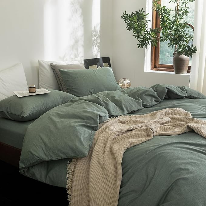 FOSSA Duvet Cover Set 100% Washed Cotton Linen Feel Super Soft Breathable Cozy Simple Style 3 Pieces Bedding Sets Solid Heathered Green Super King Plus