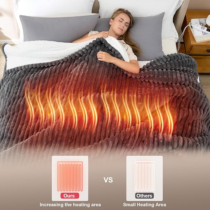 Hansleep Heated Blanket Electric Blanket Throw, Heating Blanket with 9 Heating Levels and 10-Hour Timer Auto Shut Off, Washable Soft Warm Winter Blanket, 50 x 60 Inches, Dark Grey