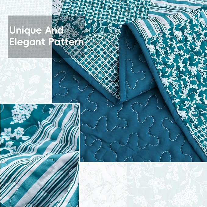 Mybedsoul Teal Blue Quilt Set King Size 3 Pieces Boho Plaid Turquoise Floral Bedspread Set Microfiber Lightweight Bohemian Bedding Bedspread Coverlet Set for All Season 90"x104"