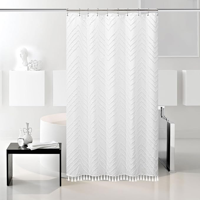 Stall Boho Shower Curtain White Tassel Woven Fabric Shower Curtain 42 x 72 Modern Farmhouse Textured Tufted Chevron Striped Minimalist for Bathroom, Closet Door