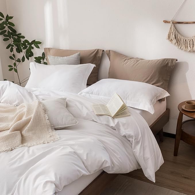 Linen Feel Duvet Cover King Size 104inch x 90inch,100% Washed Cotton Duvet Cover with Zipper Closure and 2 Pillowcases, Color of Bright White