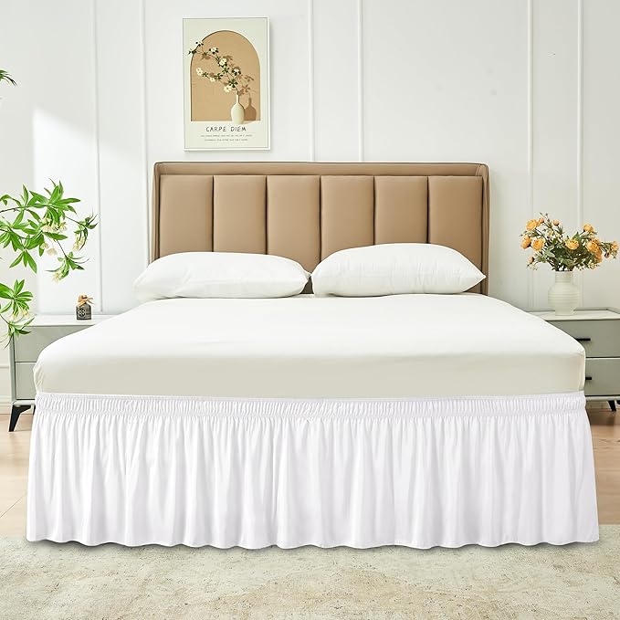 Biscaynebay Wrap Around Bed Skirts for Queen Beds 11" Short Drop, White Adjustable Elastic Dust Ruffles Easy Fit Wrinkle Resistant Silky Luxurious Fabric Machine Washable