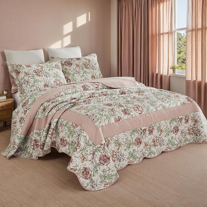 Brandeam Queen Size Quilt Set Cotton Pink Floral Quilts Country Rustic Patchwork Quilts Lightweight Summer Bedspread 3-Piece