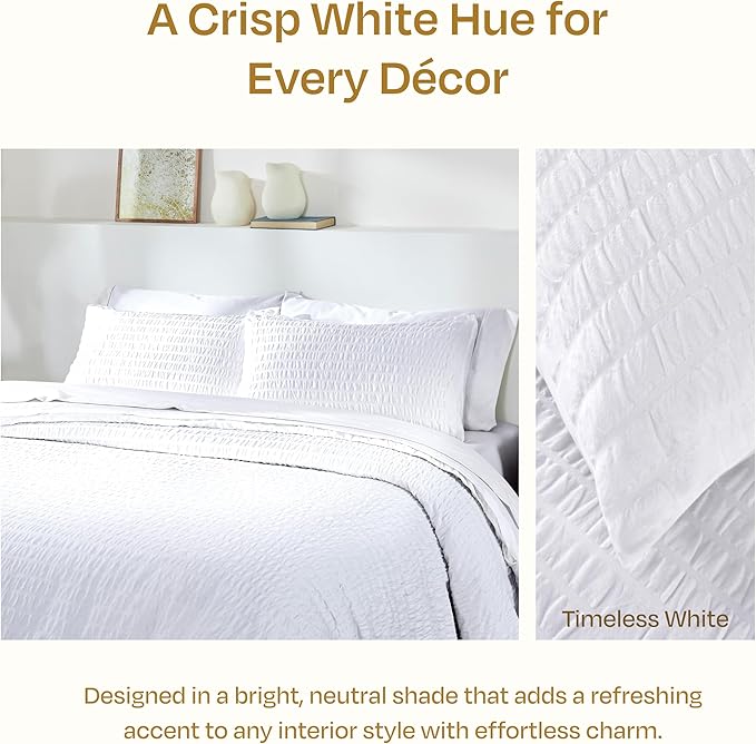 California Design Den Queen Size Duvet Cover Set, 100% Cotton 3 Pc Cover & Sham Set, Soft Textured White Seersucker Duvet Cover 92" x 90" to Fit Queen Size Duvet (Seersucker, Queen)