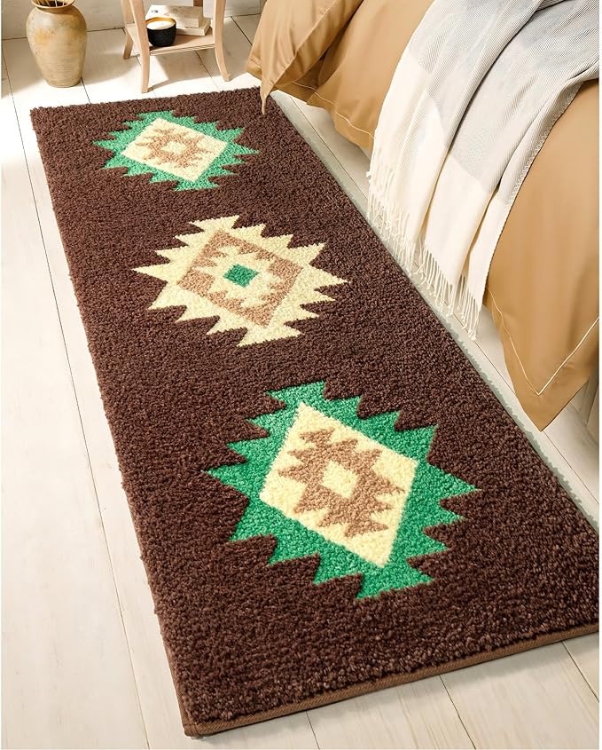 DEXDE Boho Bathroom Rug Runner 20x72 Long Bath Mat for Bathroom Bedroom Hallway Kitchen Luxury Soft Absorbent Large Modern Geometric Carpet Runner Western Farmhouse Decor, Brown