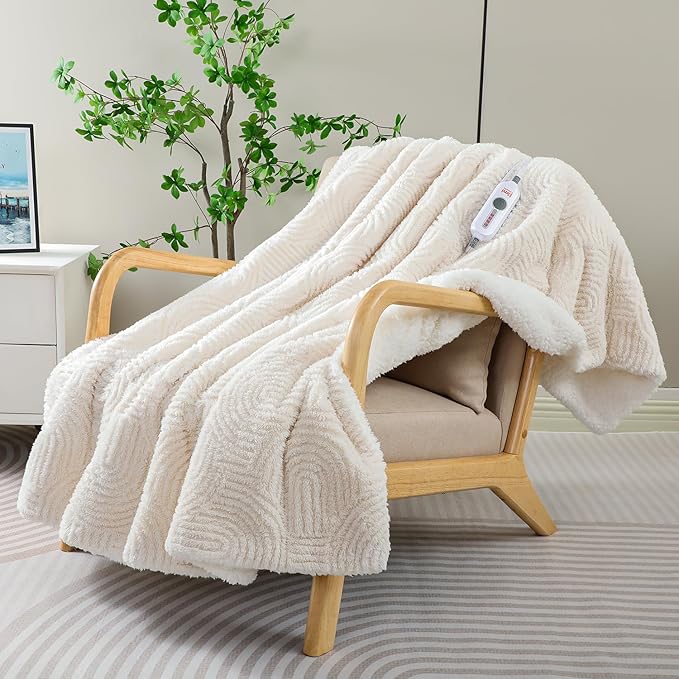 Heated Throw Blanket Electric - 50"x60" Cozy Soft Jacquard Heating Blanket with 4 Heat Levels & 4 Hours Auto-Off, Electric Throw with Overheating Protection, Warm Gifts, Cream