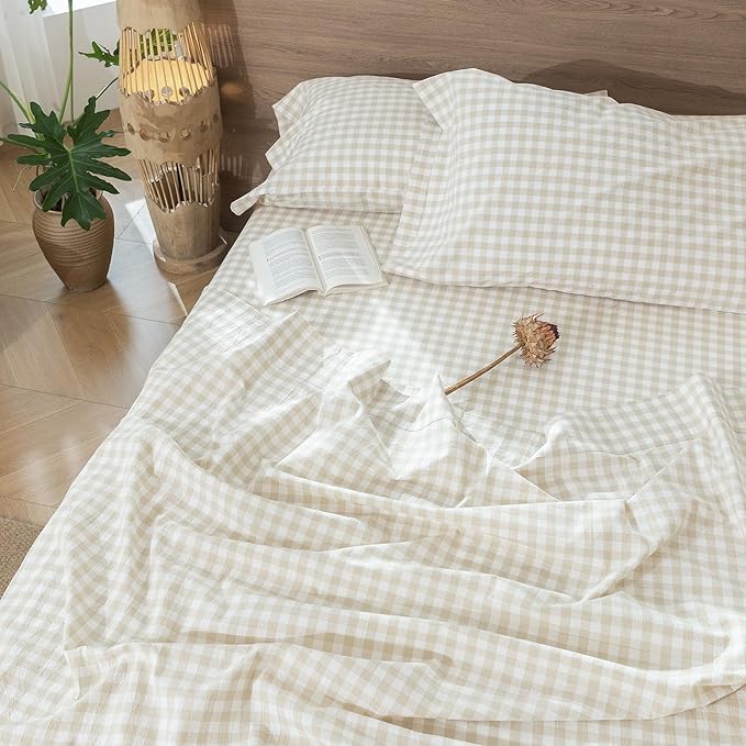 MooMee Gingham Sheet Set 100% Washed Cotton Linen Like Textured Breathable Soft w/Fully Elasticized 16-19" Deep Pocket (Classic Gingham Almond Milk Grey, King)
