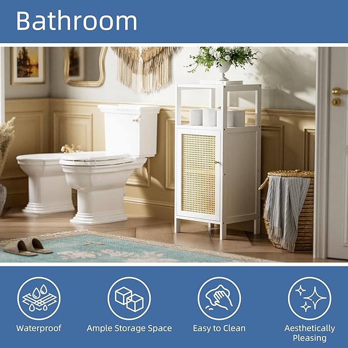 HITNET Bamboo Cabinet, Bathroom Storage Cabinet with Rattan Doors, Narrow Side Storage Organizer Freestanding Floor Cupboard for Small Space, White