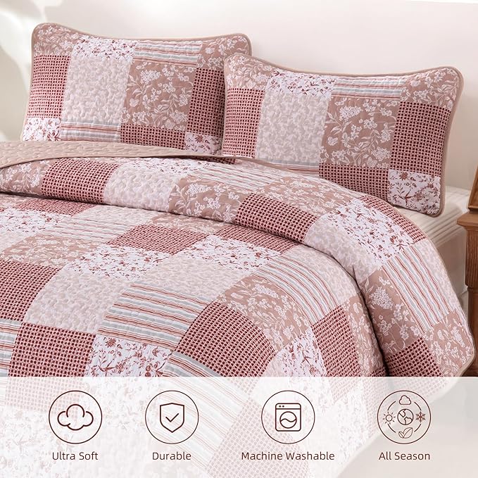 Mybedsoul Patchwork Quilt Set Queen Size, 3 Pieces Pink Floral Plaid Bedspread Coverlet Set, Reversible Soft Microfiber Bedding Set for All Season, Fall Winter Queen 90"x96"