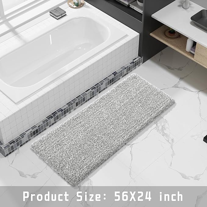 Yimobra Luxury Bathroom Rugs, Fluffy Bath Mats, Non Slip, Water Absorbent Microfiber, Machine Washable, Plush Runner Shower Rugs, Thick Matts for Bathroom Floor&Tub, 56"x 24", Light Gray and White