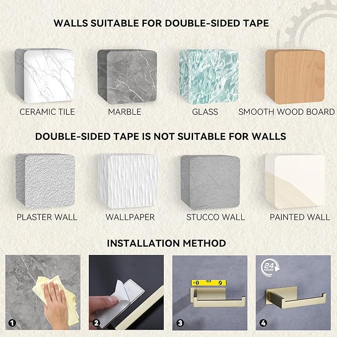 LANC Self-Adhesive Toilet Tissue Roll Holder, Brushed Gold Paper Holder for Bathroom RV Stick On Toilet Tissue Holder with Drill Free Rustproof Stainless Steel Left and Right 2 Pack, A8307BG-LRP2