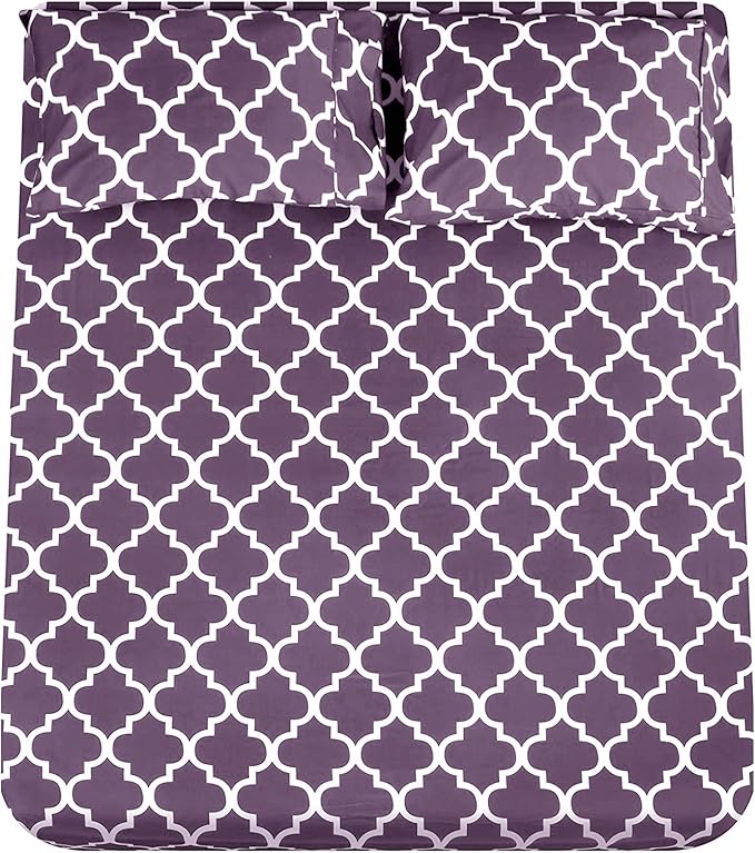 Mejoroom King Bed Sheet Set - Super Soft Brushed Microfiber 1800 Thread Count Sheets with 15 inch Deep Pocket - Wrinkle Free - 4 Piece (King, Purple Quatrefoil with White Pattern)