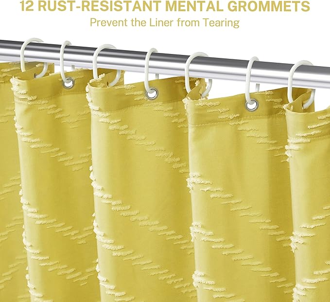 Yellow Boho Shower Curtain with White Tassel - 72 x 72 Modern Farmhouse Textured Tufted Chevron Striped Minimalist Bathroom Shower Curtain