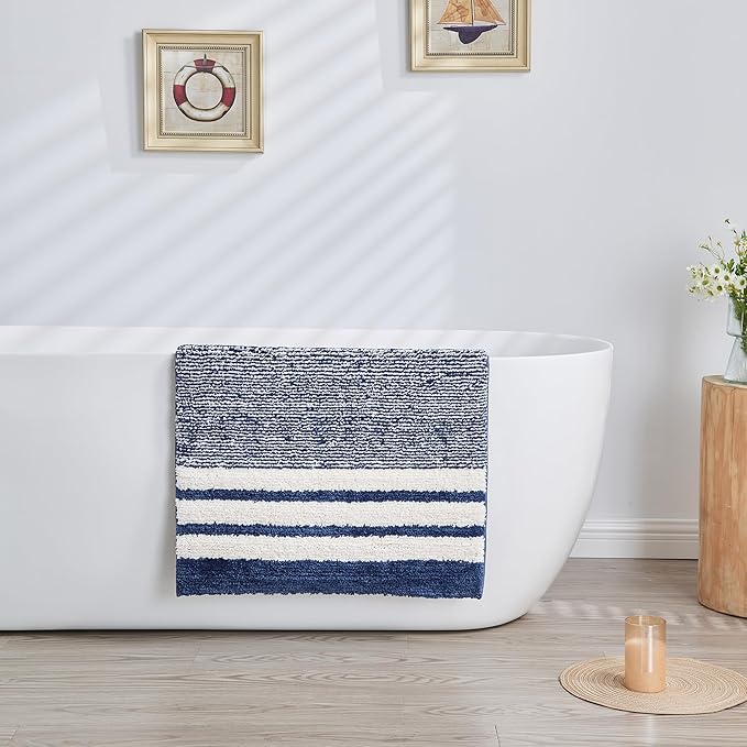 CozeCube Bath mats for Bathroom Non Slip, Fluffy Absorbent Microfiber Bath mat Washable, Aesthetic Bathroom Rugs, Large Navy Blue Striped Bath mat, Navy Blue, 36" x 24"