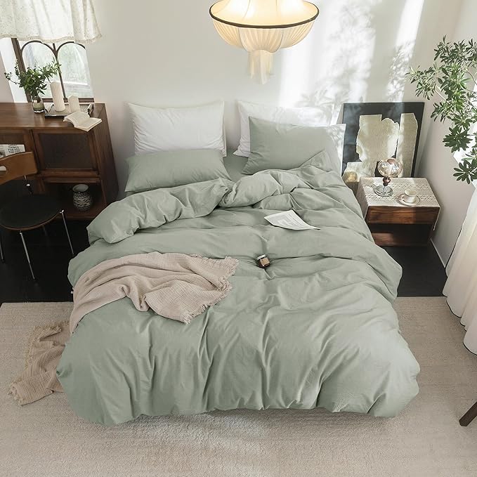 FOSSA Duvet Cover Set 100% Washed Cotton Linen Feel Super Soft Breathable Cozy 3 Pieces Bedding Sets Solid Sage Green Queen