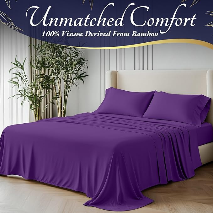 DECOLURE 100% Viscose Derived from Bamboo Sheets King Size 4pcs - Ultra Soft & Luxuriously Cooling, 17" Deep Pocket, Double Stitching, Perfect for Hot Sleepers - King Bed Sheets (Purple)