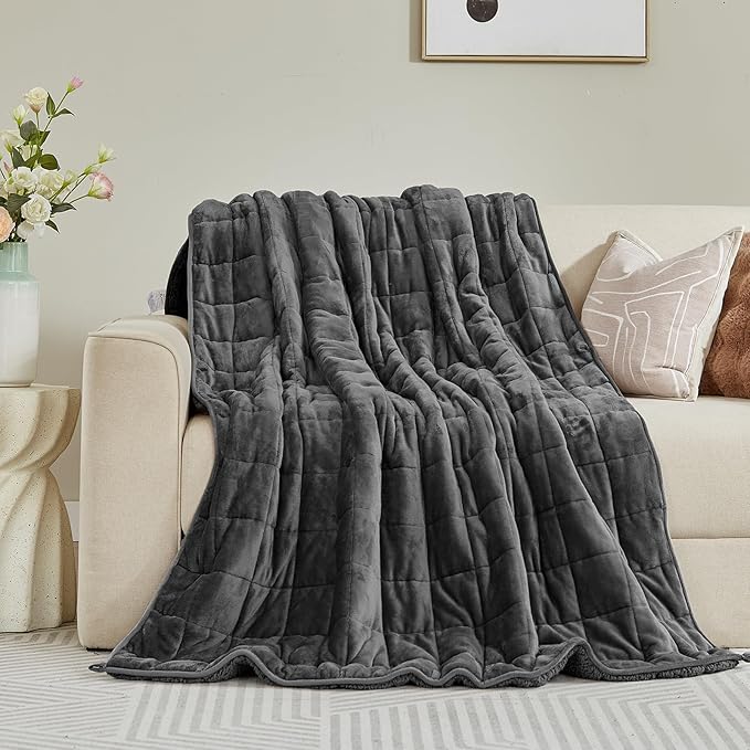 Sherpa Fleece Adult Weighted Blanket, 15 Pounds Dual Sided Soft Plush Blanket for Couch Bed Sofa, Heavy Thick Blankets with Glass Beads Great for Sleep, 48 x 72 inches, Dark Grey on Both Sides