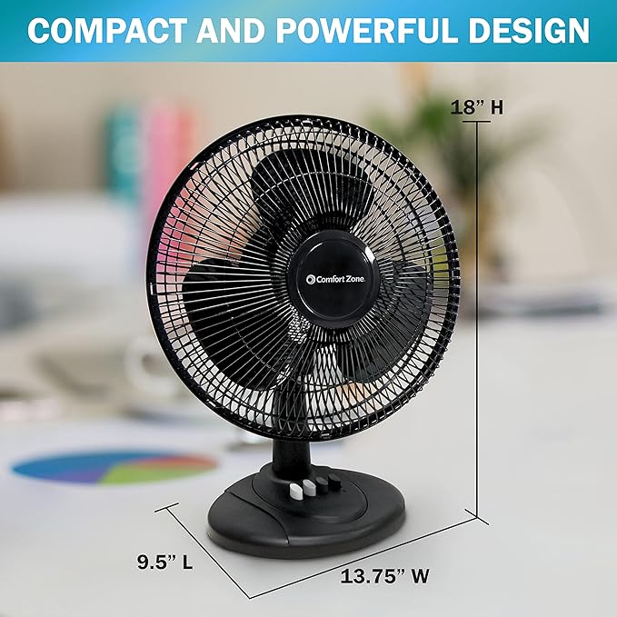 Comfort Zone Oscillating Table Fan with Adjustable Tilt, Convenient Push Button Controls, Quiet, 12 inch, 3 Speed, Desk Fan, Airflow 7.25 ft/sec, Ideal for Home, Bedroom, Dorm & Office, CZ121BK