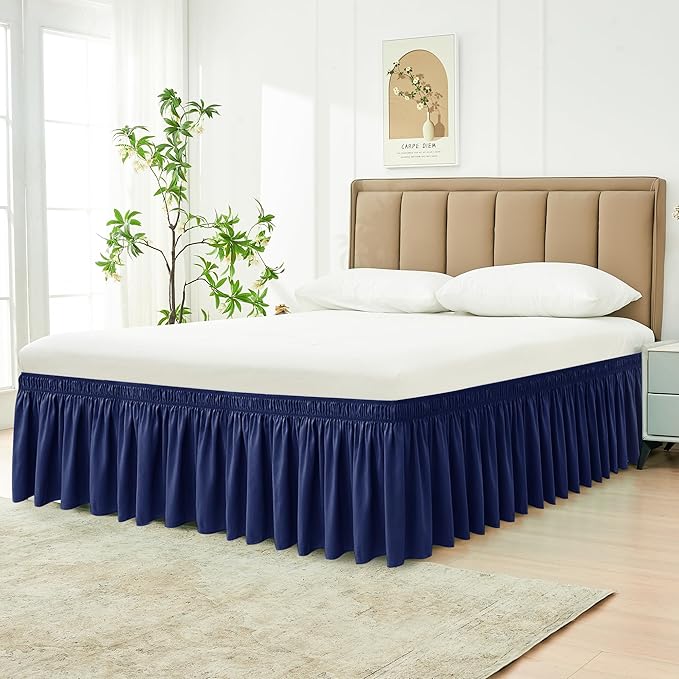 Biscaynebay Wrap Around Bed Skirts for Full & Full XL Beds 19" Long Drop, Navy Adjustable Elastic Dust Ruffles Easy Fit Wrinkle & Fade Resistant Silky Luxurious Fabric Solid Machine Washable