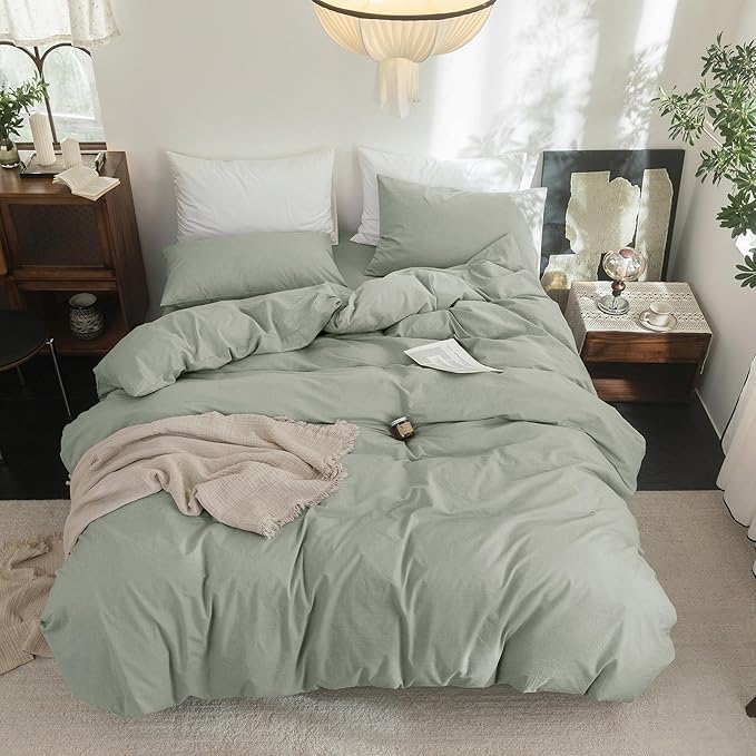 FOSSA Duvet Cover Set 100% Washed Cotton Linen Feel Super Soft Breathable Cozy Simple Style 3 Pieces Bedding Sets Solid Sage Green Oversized King Plus