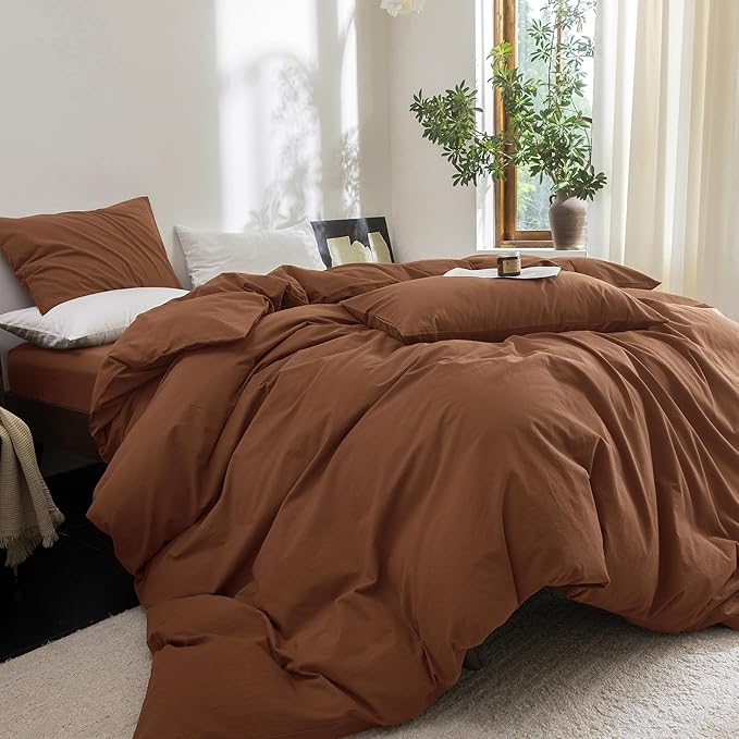 FOSSA Duvet Cover Set 100% Washed Cotton Linen Feel Super Soft Breathable Cozy 3 Pieces Bedding Sets Solid Dark Orange Super King